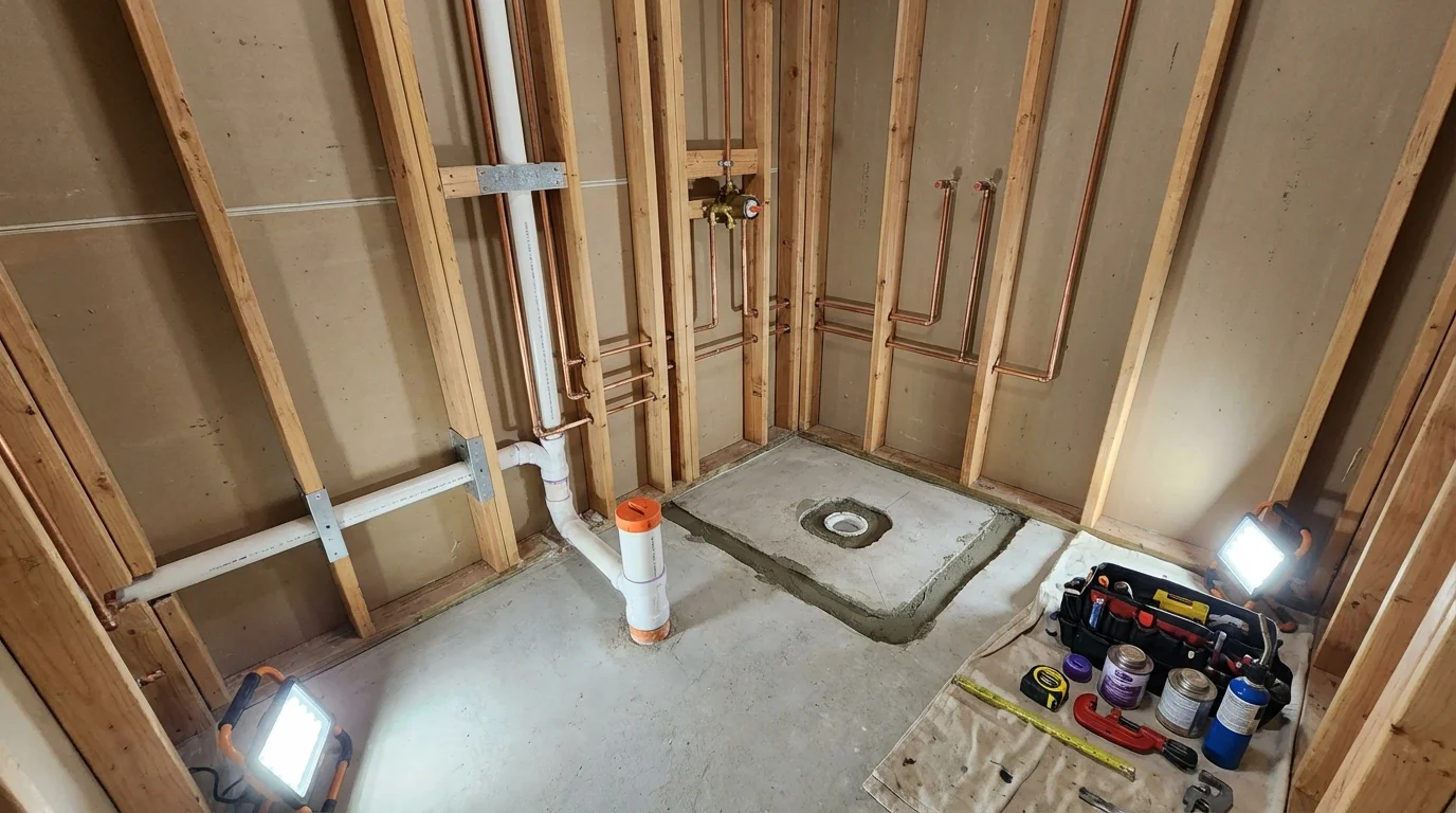 Bathroom rough-in plumbing during remodel by Johns Plumbing LLC in Tuttle