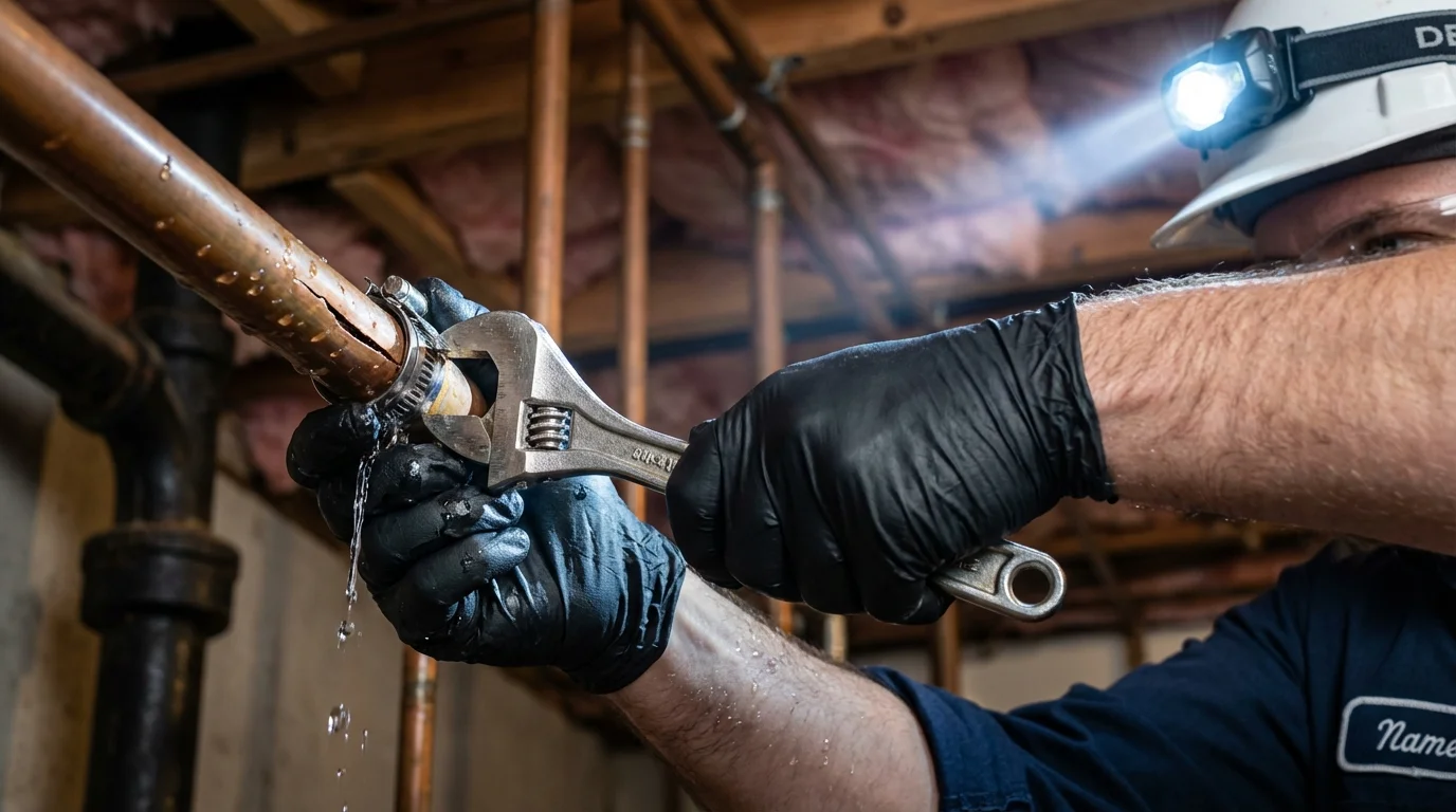 Emergency pipe clamp repair being performed by a Johns Plumbing LLC plumber in Tuttle