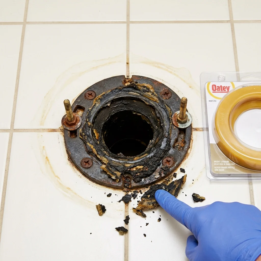 Failed wax ring showing water seepage at the base of a toilet in a Tuttle, OK home